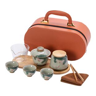 户外旅行茶盘功夫茶具套装家用便携式收纳包手绘荷花新款盖碗茶杯