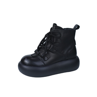 真皮加绒厚底马丁靴女冬季新款头层牛皮复古松糕底保暖马丁靴棉靴