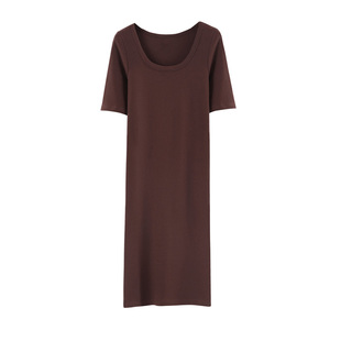 U领中袖纯色连衣裙女春夏修身显瘦百搭打底裙纯棉中长款内搭t恤裙