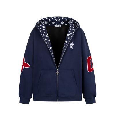 美式复古印花开衫连帽卫衣男女