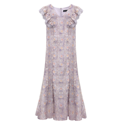 【花野迷踪】小娜椒小个子复古轻奢蕾丝紫色V领收腰鱼尾连衣裙女