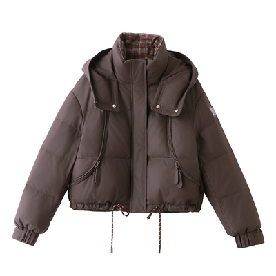 连帽PU皮羽绒服女短款