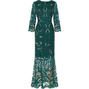 傲骨贤妻 奢华高贵金丝线重工蕾丝刺绣连衣裙长款修身宴会礼服