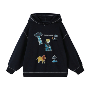 布丁哈鲁童装秋装女童宽松上衣2026春秋新款儿童撞色耐穿连帽卫衣