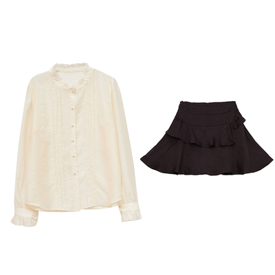 DM100大码百分百2025新款女装法式立领木耳边衬衫半身裙气质套装