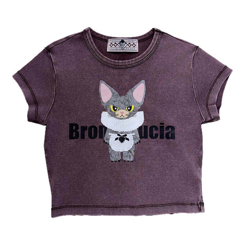 Bronze Lucia绛紫色德文小公仔短款紧身T恤少女气质短袖露脐上衣