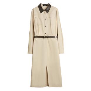 【自营】ELLE卡其色撞色翻领衬衫裙女2025夏季新款小众别致连衣裙