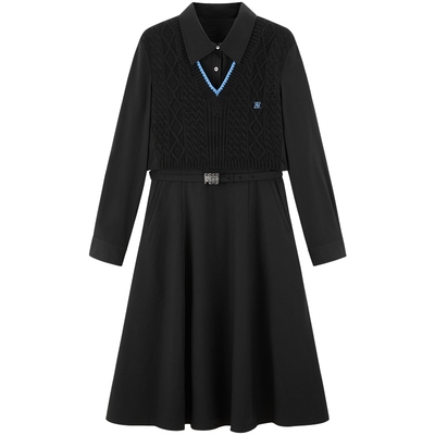 太平鸟冬季毛衫撞色刺绣个性拼接衬衫连衣裙A1FAE4432