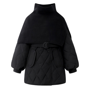 2025新款女装冬季修身收腰中长款羽绒服女针织披肩菱形格外套黑色