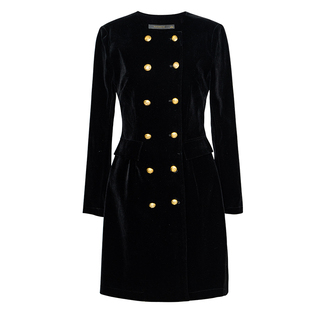 罗衣法式丝绒黑色连衣裙女春季优雅千金风修身圆领长袖A字裙12833