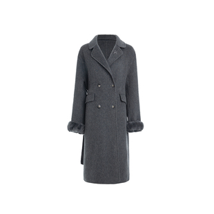 ABMY 羊毛双面呢大衣收腰双排扣可拆兔毛袖冬季保暖气质长款外套