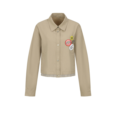 UR&DC2026春季新款休闲潮流格纹拼接撞色翻领开襟衬衫女短款上衣