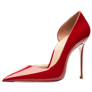HLTINO2025新款侧空尖头高跟鞋女细跟红色漆皮性感单鞋法式女鞋子