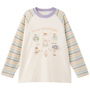 女大童条纹袖宽松T恤2026春装新款青少年韩版插肩袖上衣学生长袖