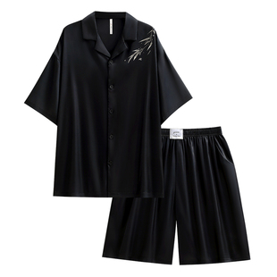 悦内情侣睡衣女夏季冰丝短袖短裤家居服男士夏款丝绸高级感中国风