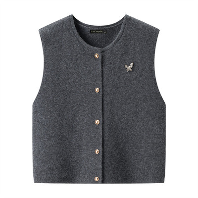 拉夏贝尔/La Chapelle韩版圆领针织马甲女无袖开衫金属扣外搭坎肩