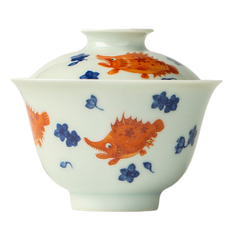 三勤堂景德镇青花矾红鳜鱼茶具