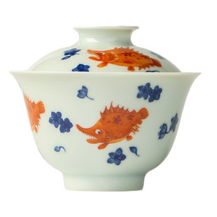 三勤堂青花矾红桃花鳜鱼套组景德镇陶瓷茶具手工茶杯茶碗套装