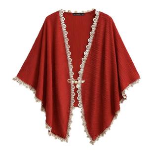 拉夏贝尔/La Chapelle红色旗袍披肩结婚女高级感蕾丝花边外搭开衫