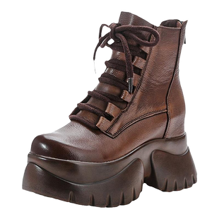 2024秋冬季休闲复古机车短靴真皮厚底松糕鞋加绒高帮显瘦马丁靴女