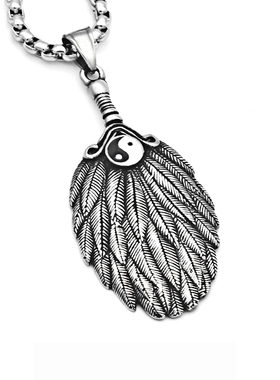 复古太极八卦扇项链男个性百搭潮人羽毛吊坠钛钢配饰品毛衣链国潮