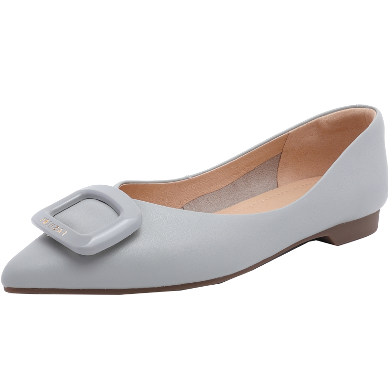 商场同款百田森牛皮浅单鞋女春秋新方扣尖头软底平底真皮鞋女