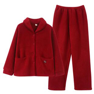 睡衣女冬季珊瑚绒加厚加绒大红色本命年新婚喜庆结婚法兰绒家居服