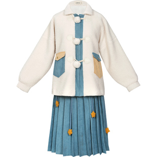 花朝记秋日雅事•星月夜 汉服原创汉元素羊羔绒竖领袄中长裙秋冬