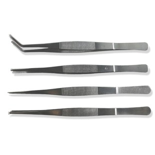 不锈钢圆头镊子带齿直弯头夹子手持防滑加长拔毛加厚加硬敷料组织