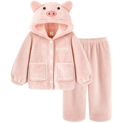 珊瑚绒睡衣冬季可爱小猪保暖套装