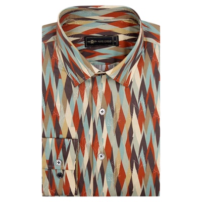 【早春新品】菱格纹男士休闲纯棉印花衬衫复古高端时尚长袖衬衫男