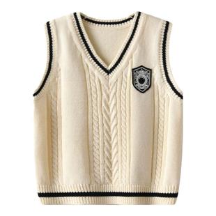 男女童装纯棉坎肩英伦风2024新款毛衣马甲v领针织衫学院背心简约