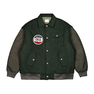 CENLES 羊毛拼接夹棉棒球夹克外套男秋冬保暖棉服美式复古