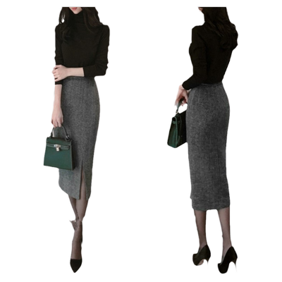 高腰修身包臀裙过膝开叉一步裙