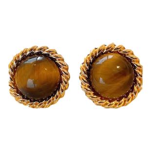 迪丽热巴同款麻花边圆形虎眼石耳钉女独特耳饰轻奢高级感气质耳环