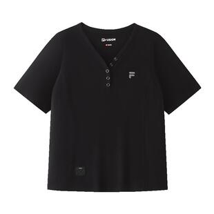 FILA FUSION斐乐潮牌女子针织短袖衫2026夏季新款休闲修身V领T恤