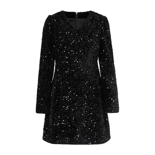 马天奴女装春夏新款黑色亮片V领长袖连衣裙子气质时尚百搭时尚女