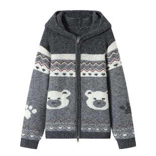 ANDREA MARTIN秋冬新款费尔岛小熊提花针织连帽开衫保暖毛衣