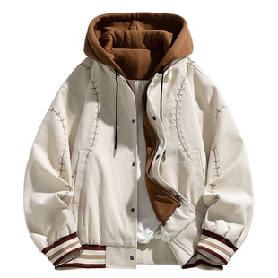 悟空有货潮牌美式复古刺绣假两件连帽夹克男春季情侣宽松百搭外套