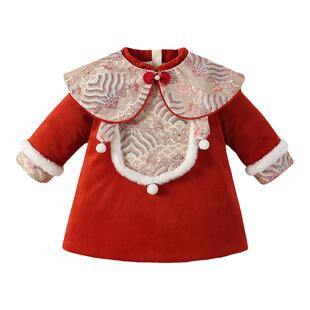 女童衣服冬装公主女宝复古国风夹棉连衣裙年装春节新年红拜年战袍