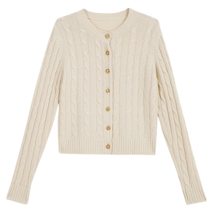 YINER音儿2026春季新款时尚绞花肌理阿拉善山羊绒混纺针织开衫