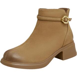 Tata他她粗跟羊皮短靴女靴子加绒通勤时装靴冬季新款鞋子CCM01DD4