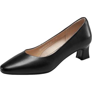 意尔康女鞋春秋季单鞋女士真皮尖头粗跟皮鞋通勤工作鞋气质