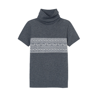 yawhat费尔岛提花羊毛混纺针织衫堆堆领薄款短袖亲肤甜美气质上衣