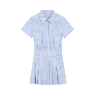 pusumede 【现货6.5折】条纹短袖衬衫连衣裙女a字短裙百褶裙