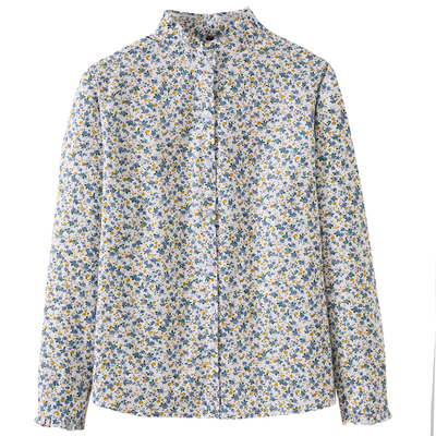 单排扣长袖全棉花边立领妈妈衬衫