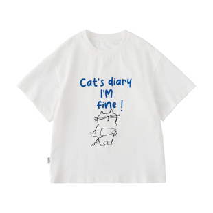棵初25年夏季新款童装小猫日记趣味印花短袖T恤元气活泼女童上衣