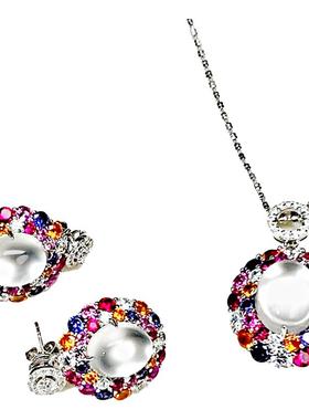 彩色s925银锆石项链耳钉套装女性