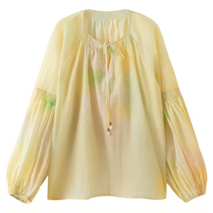 RUISHI芮时 夏花斑斓 晕染印花斯马克工艺显瘦上衣灯笼袖衬衫女夏