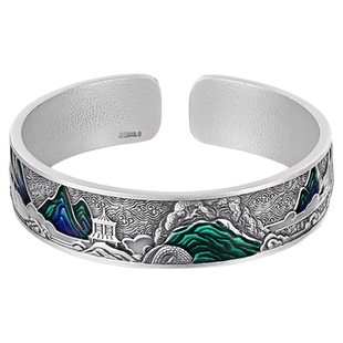 银千造 世外桃源 手工錾刻珐琅彩足银999山水银手镯宽版银镯子女
